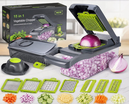 PICADORA DE VERDURAS 15 EN 1 CON 8 CUCHILLAS REEMPLAZABLES